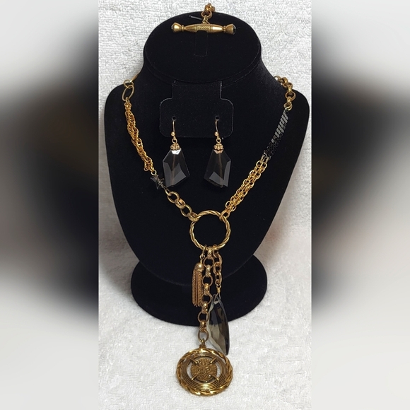 CHICO'S Smokey Bead Metallic Charm Necklace and Dangle Earrings Set / Pierced - Picture 1 of 8